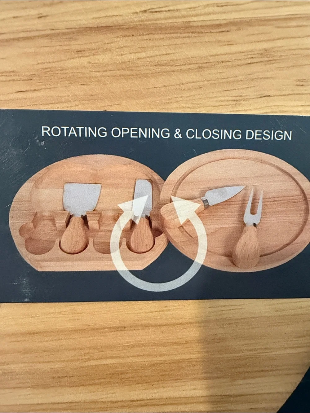 Round Bamboo Serving Board that opens with Utensils inside.